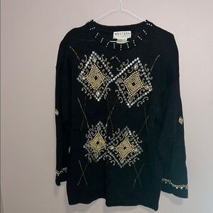 Vintage Western Connection Black Sweater with Gold and White Embellishments